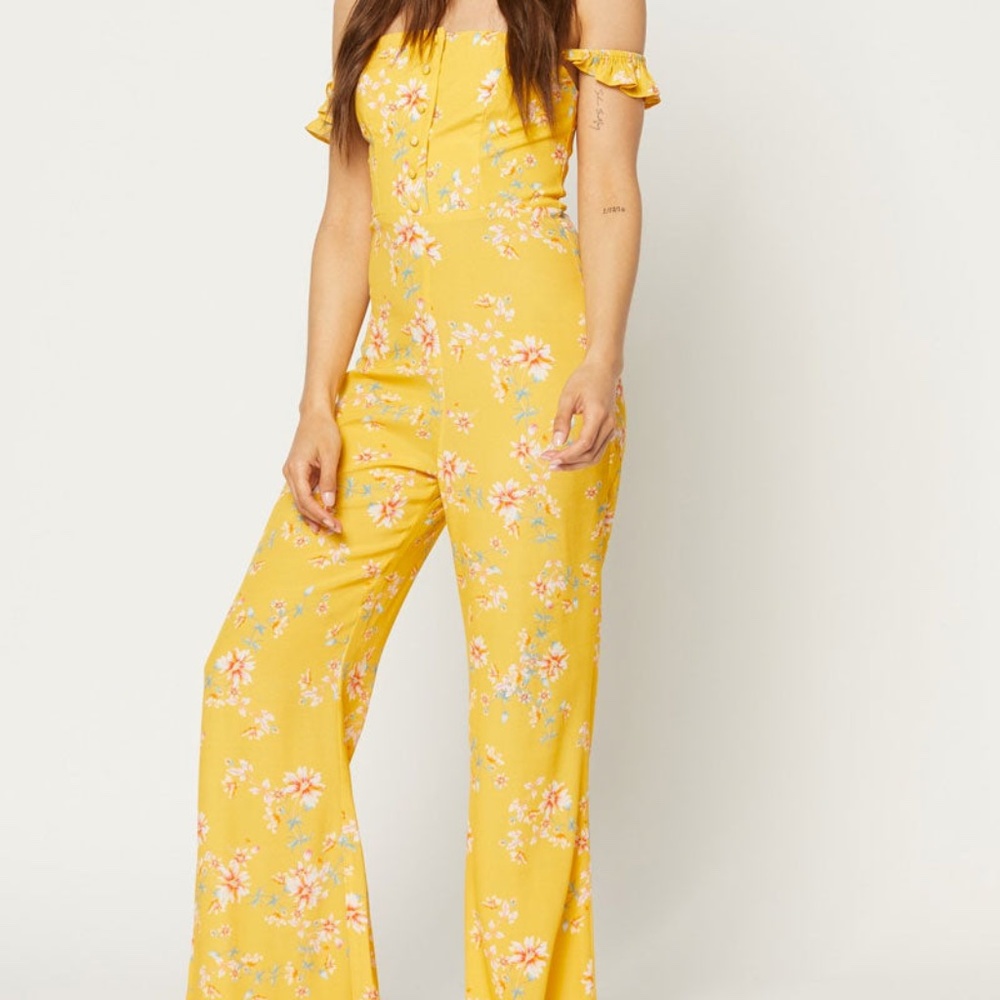 Flynn Skye Bardot Ruffle Off Shoulder Jumpsuit, Honey Floral Print, Size XS